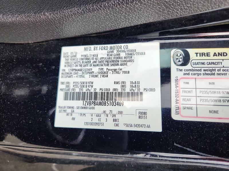 69108826 :رقم المزاد ، 1ZVBP8AM0B5103409 vin ، 2011 Ford Mustang مزاد بيع