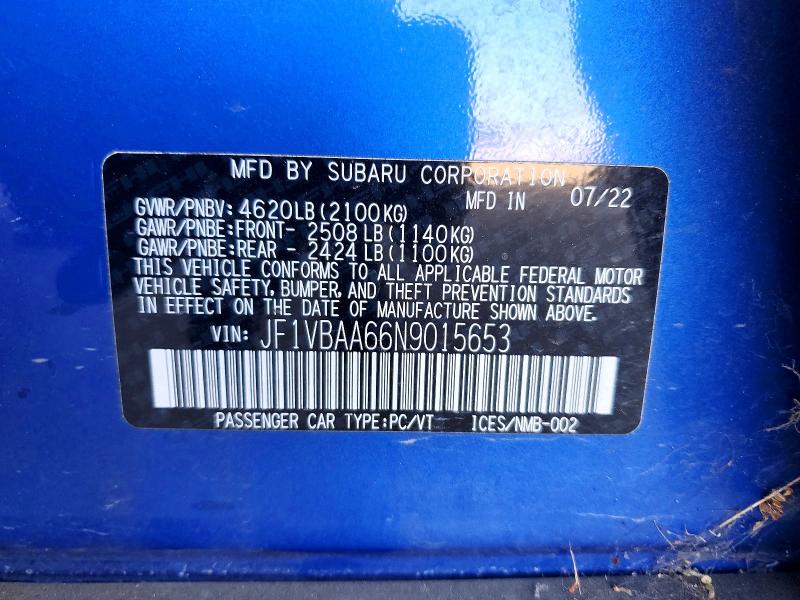 2022 Subaru Wrx მანქანა იყიდება აუქციონზე, vin: JF1VBAA66N9015653, აუქციონის ნომერი: 66502896