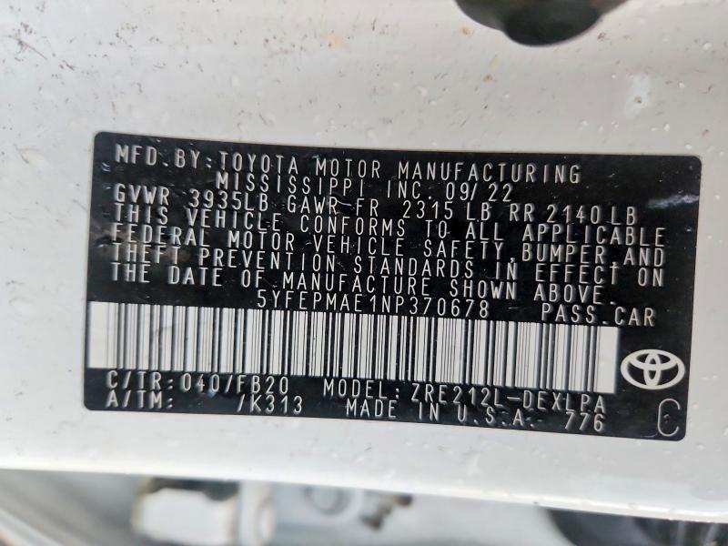 Auction sale of the 2022 Toyota Corolla, vin: 5YFEPMAE1NP370678, lot number: 66031896