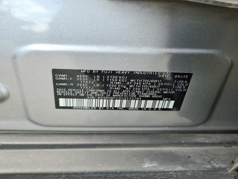 2016 Subaru Outback მანქანა იყიდება აუქციონზე, vin: 4S4BSBFC0G3233784, აუქციონის ნომერი: 68995976