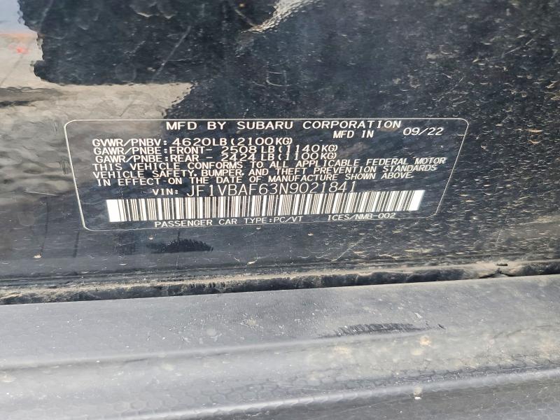 2022 Subaru Wrx მანქანა იყიდება აუქციონზე, vin: JF1VBAF63N9021841, აუქციონის ნომერი: 67540716