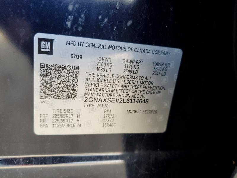 67908606 :رقم المزاد ، 2GNAXSEV2L6114648 vin ، 2020 Chevrolet Equinox مزاد بيع