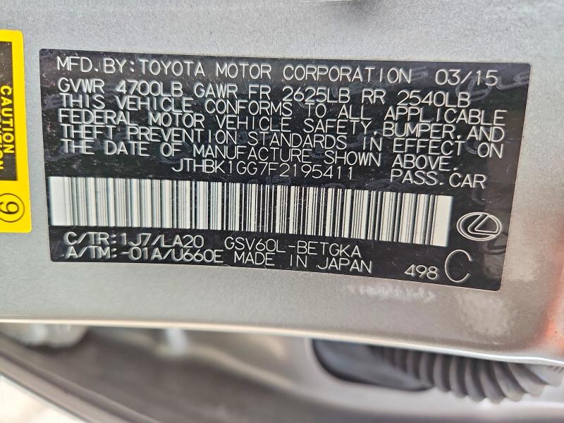 2015 Lexus Es მანქანა იყიდება აუქციონზე, vin: JTHBK1GG7F2195411, აუქციონის ნომერი: 68622406