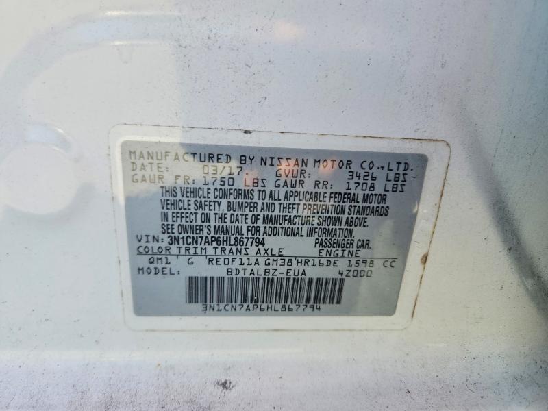 70139066 :رقم المزاد ، 3N1CN7AP6HL867794 vin ، 2017 Nissan Versa مزاد بيع