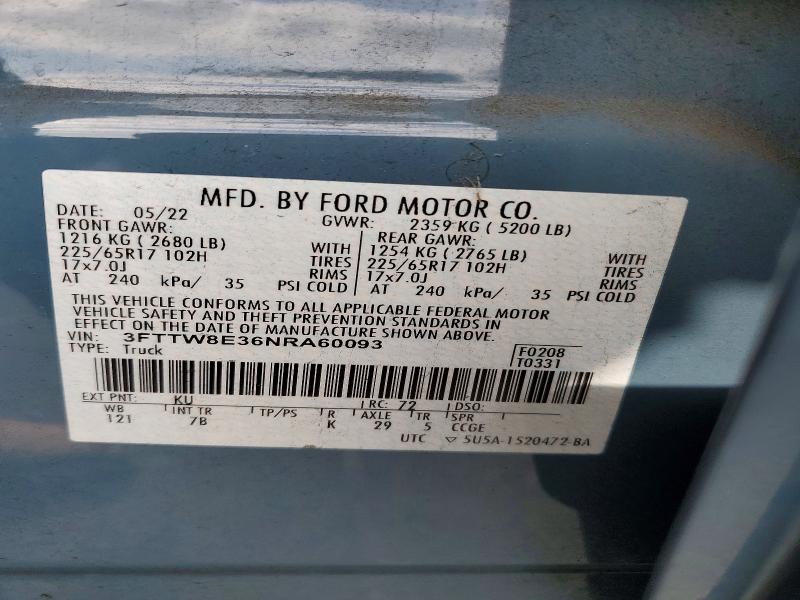 2022 Ford Maverick მანქანა იყიდება აუქციონზე, vin: 3FTTW8E36NRA60093, აუქციონის ნომერი: 69966036
