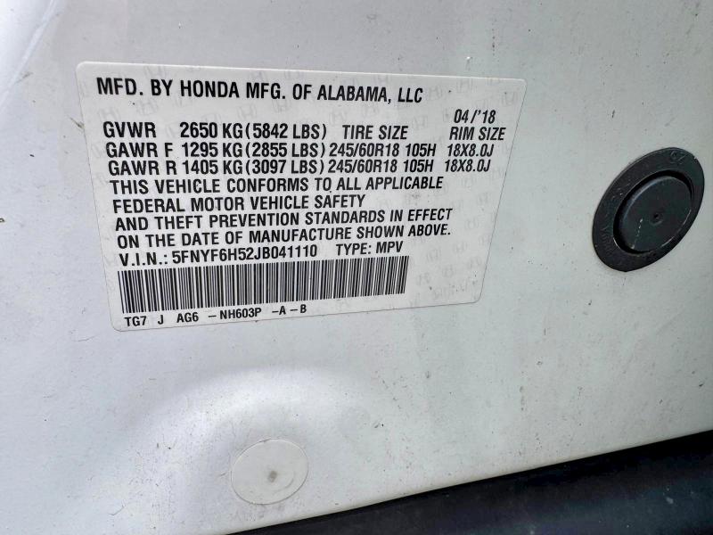 Aukcja sprzedaży 2018 Honda Pilot, vin: 5FNYF6H52JB041110, numer aukcji: 68014796
