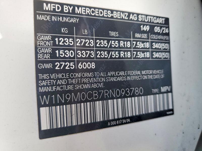 Продаж на аукціоні авто 2024 Mercedes-benz Eqb, vin: W1N9M0CB7RN093780, номер лоту: 69034786