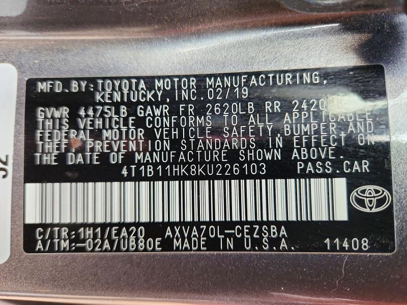 2019 Toyota Camry მანქანა იყიდება აუქციონზე, vin: 4T1B11HK8KU226103, აუქციონის ნომერი: 67826506