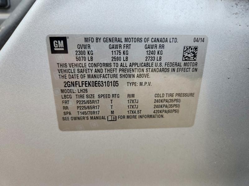70551306 :رقم المزاد ، 2GNFLFEK0E6310105 vin ، 2014 Chevrolet Equinox مزاد بيع
