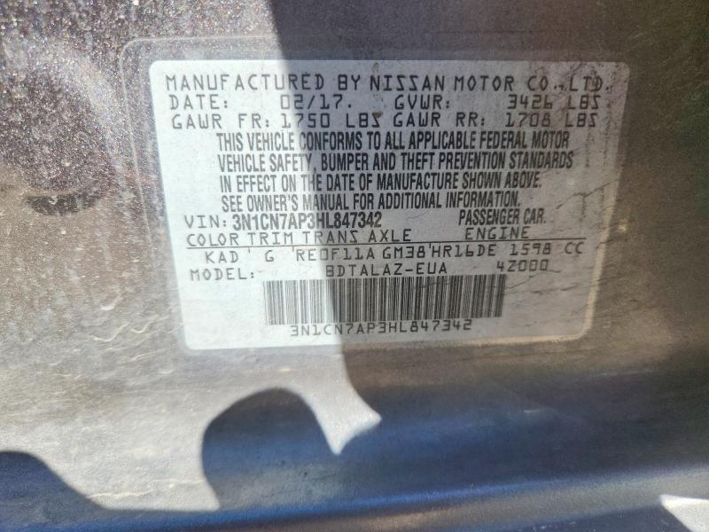 Продаж на аукціоні авто 2017 Nissan Versa, vin: 3N1CN7AP3HL847342, номер лоту: 70382786