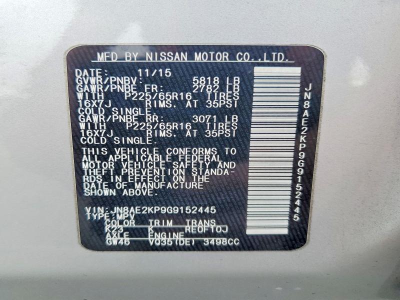 Aukcja sprzedaży 2016 Nissan Quest, vin: JN8AE2KP9G9152445, numer aukcji: 69566956