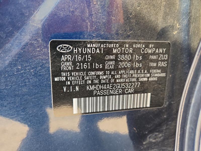 2016 Hyundai Elantra მანქანა იყიდება აუქციონზე, vin: KMHDH4AE2GU532277, აუქციონის ნომერი: 71055916