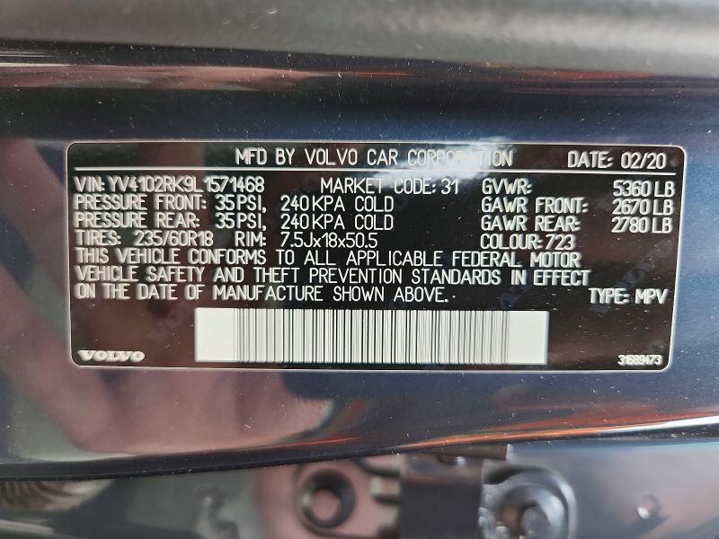 69530756 :رقم المزاد ، YV4102RK9L1571468 vin ، 2020 Volvo Xc60 مزاد بيع