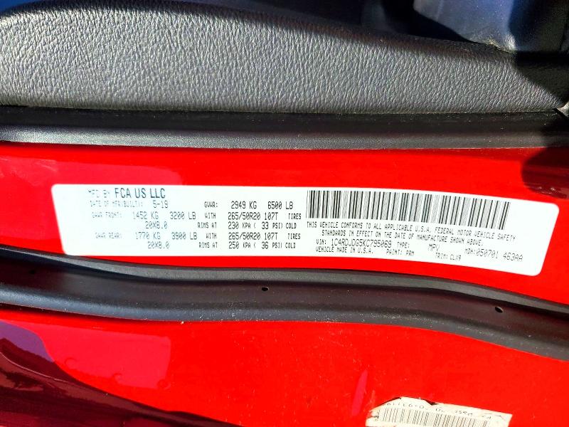 2019 Dodge Durango მანქანა იყიდება აუქციონზე, vin: 1C4RDJDG5KC795069, აუქციონის ნომერი: 68671356