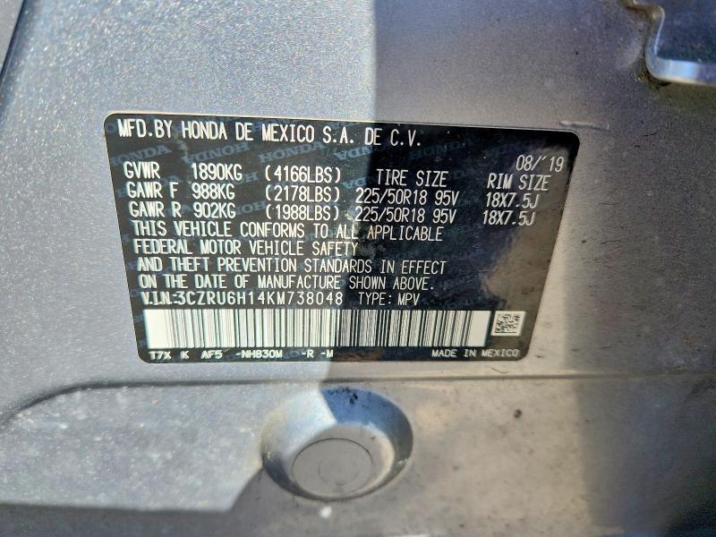 68035276 :رقم المزاد ، 3CZRU6H14KM738048 vin ، 2019 Honda Hr-v مزاد بيع