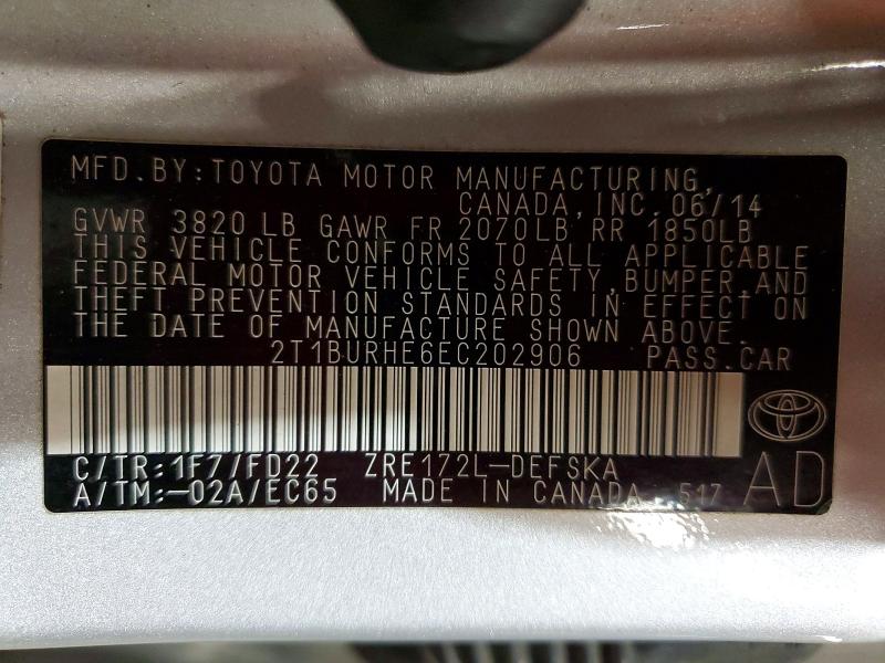 66970386 :رقم المزاد ، 2T1BURHE6EC202906 vin ، 2014 Toyota Corolla مزاد بيع