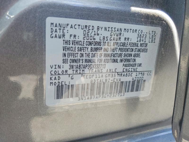 Продаж на аукціоні авто 2016 Nissan Sentra, vin: 3N1AB7AP3GY232713, номер лоту: 69120786