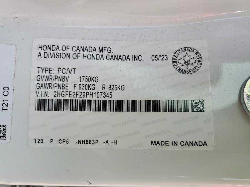 67099036 :رقم المزاد ، 2HGFE2F29PH107345 vin ، 2023 Honda Civic مزاد بيع