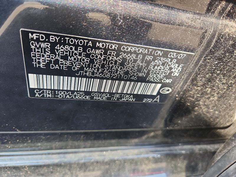 Aukcja sprzedaży 2007 Lexus Es, vin: JTHBJ46G872110146, numer aukcji: 67286576