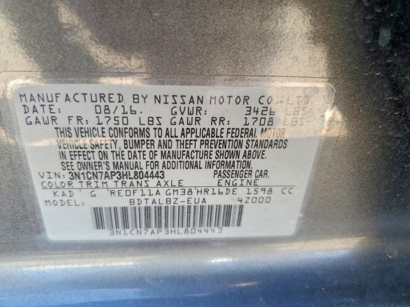 Продаж на аукціоні авто 2017 Nissan Versa, vin: 3N1CN7AP3HL804443, номер лоту: 68165146