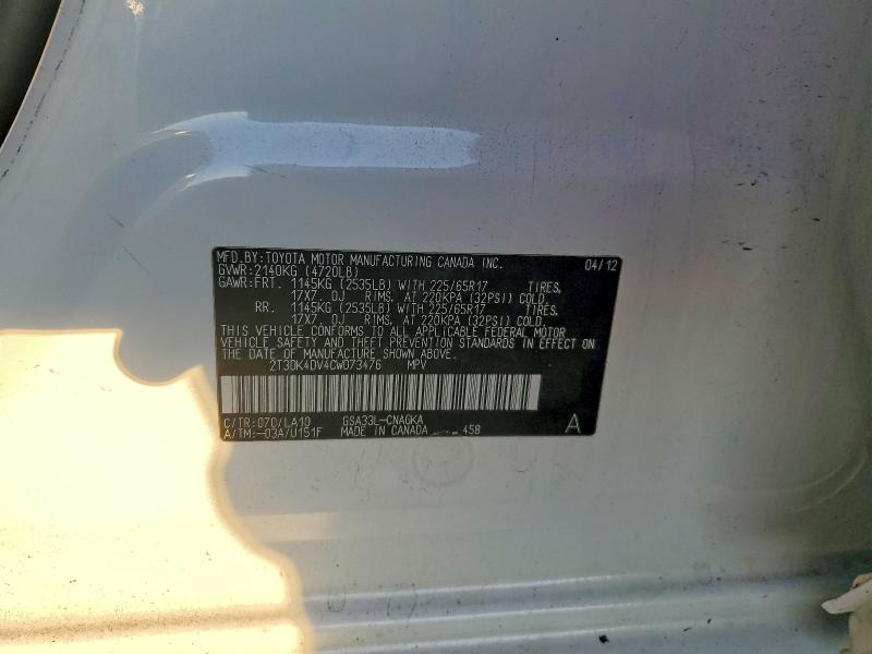 2012 Toyota Rav4 მანქანა იყიდება აუქციონზე, vin: 2T3DK4DV4CW073476, აუქციონის ნომერი: 67893866