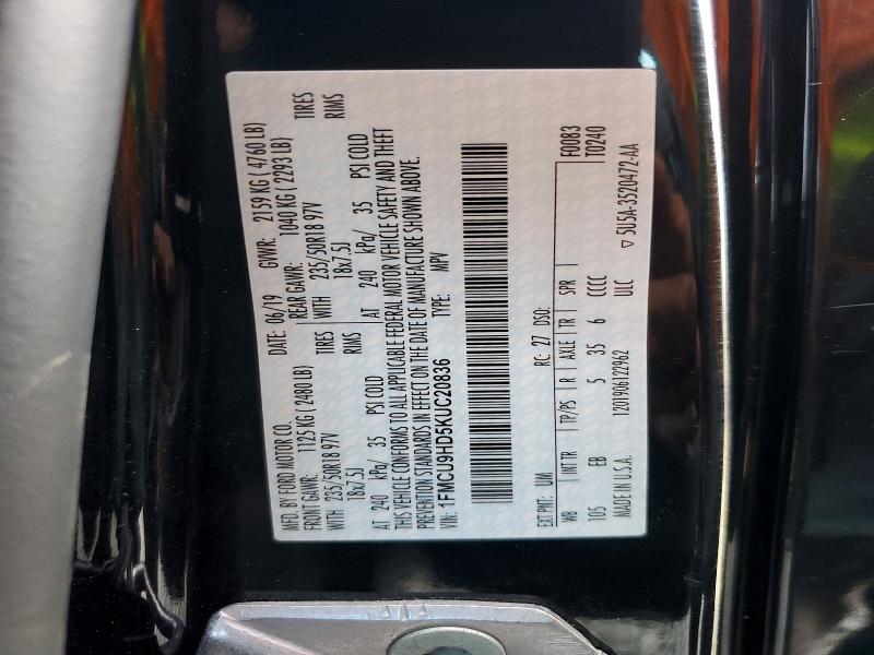 2019 Ford Escape მანქანა იყიდება აუქციონზე, vin: 1FMCU9HD5KUC20836, აუქციონის ნომერი: 70677556
