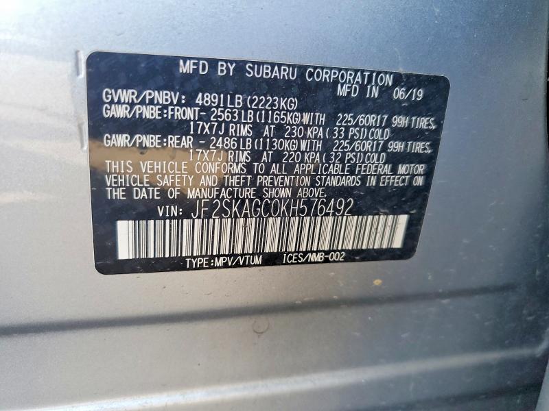Aukcja sprzedaży 2019 Subaru Forester, vin: JF2SKAGC0KH576492, numer aukcji: 67533736