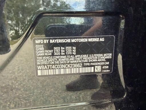 70374006 :رقم المزاد ، WBA7T4C03NCK23662 vin ، 2022 Bmw 740 مزاد بيع