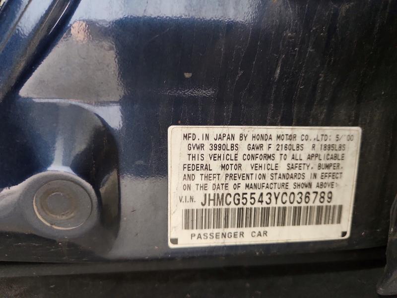 2000 Honda Accord მანქანა იყიდება აუქციონზე, vin: JHMCG5543YC036789, აუქციონის ნომერი: 70228346