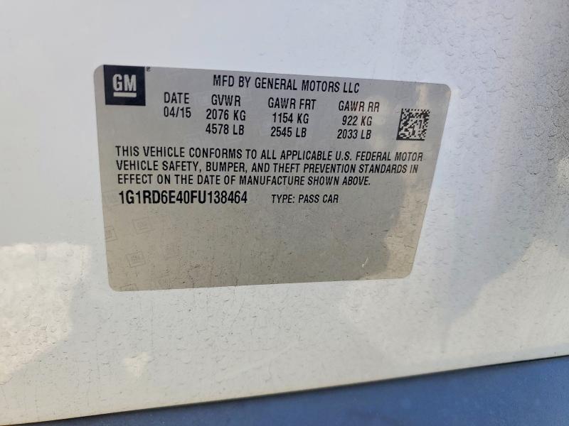 70137056 :رقم المزاد ، 1G1RD6E40FU138464 vin ، 2015 Chevrolet Volt مزاد بيع