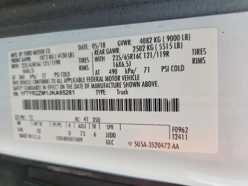 2018 Ford Transit მანქანა იყიდება აუქციონზე, vin: 1FTYR2ZM1JKA95281, აუქციონის ნომერი: 67165566