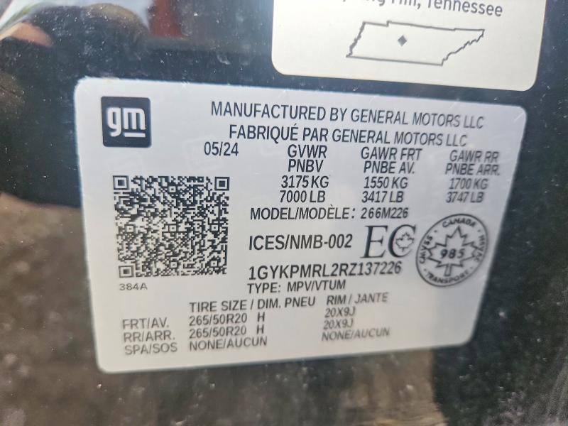 2024 Cadillac Lyriq მანქანა იყიდება აუქციონზე, vin: 1GYKPMRL2RZ137226, აუქციონის ნომერი: 61213736