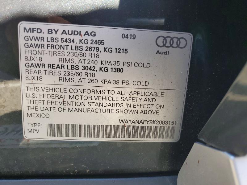 2019 Audi Q5 მანქანა იყიდება აუქციონზე, vin: WA1ANAFY8K2093151, აუქციონის ნომერი: 70254366