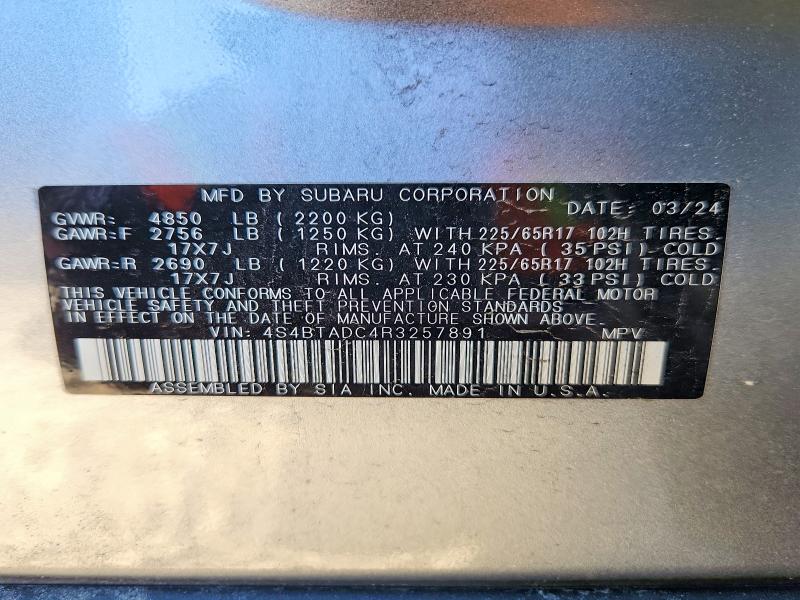 2024 Subaru Outback მანქანა იყიდება აუქციონზე, vin: 4S4BTADC4R3257891, აუქციონის ნომერი: 70218516