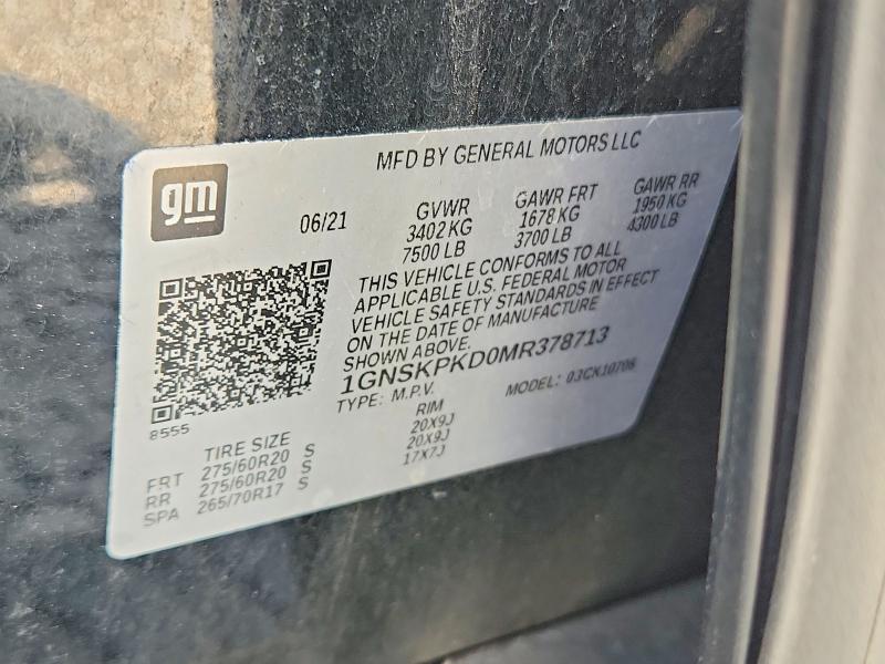 68603086 :رقم المزاد ، 1GNSKPKD0MR378713 vin ، 2021 Chevrolet Tahoe مزاد بيع