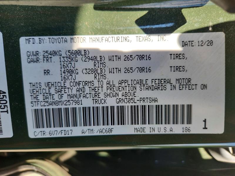 Aukcja sprzedaży 2021 Toyota Tacoma, vin: 5TFCZ5AN8MX257981, numer aukcji: 68068556