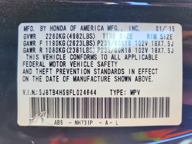67206916 :رقم المزاد ، 5J8TB4H59FL024644 vin ، 2015 Acura Rdx مزاد بيع