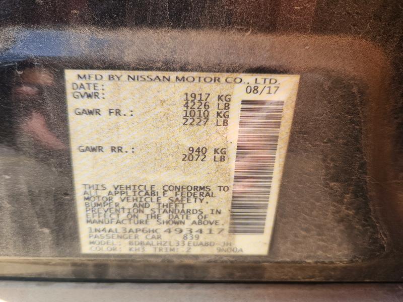 2017 Nissan Altima მანქანა იყიდება აუქციონზე, vin: 1N4AL3AP6HC493417, აუქციონის ნომერი: 67425776