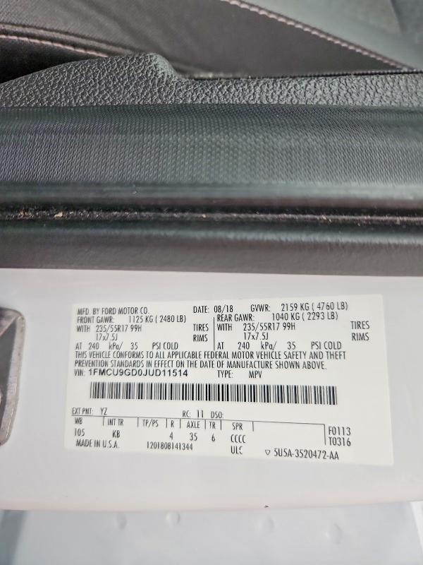 Auction sale of the 2018 Ford Escape, vin: 1FMCU9GD0JUD11514, lot number: 67659096