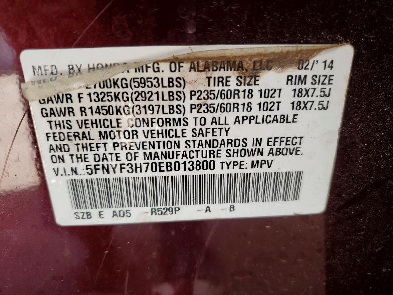 67920576 :رقم المزاد ، 5FNYF3H70EB013800 vin ، 2014 Honda Pilot مزاد بيع