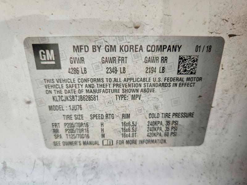 69784186 :رقم المزاد ، KL7CJKSB7JB628581 vin ، 2018 Chevrolet Trax مزاد بيع