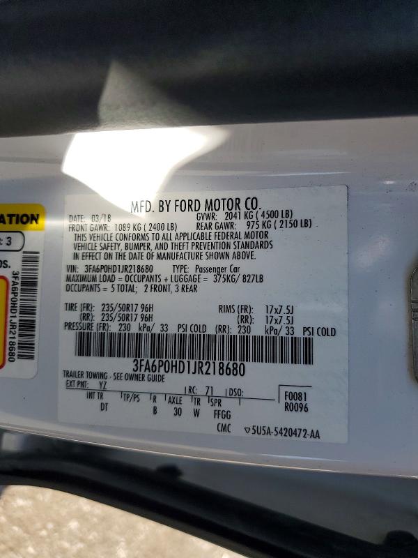 70018206 :رقم المزاد ، 3FA6P0HD1JR218680 vin ، 2018 Ford Fusion مزاد بيع
