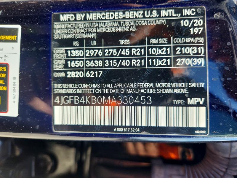 68034696 :رقم المزاد ، 4JGFB4KB0MA330453 vin ، 2021 Mercedes-benz Gle مزاد بيع