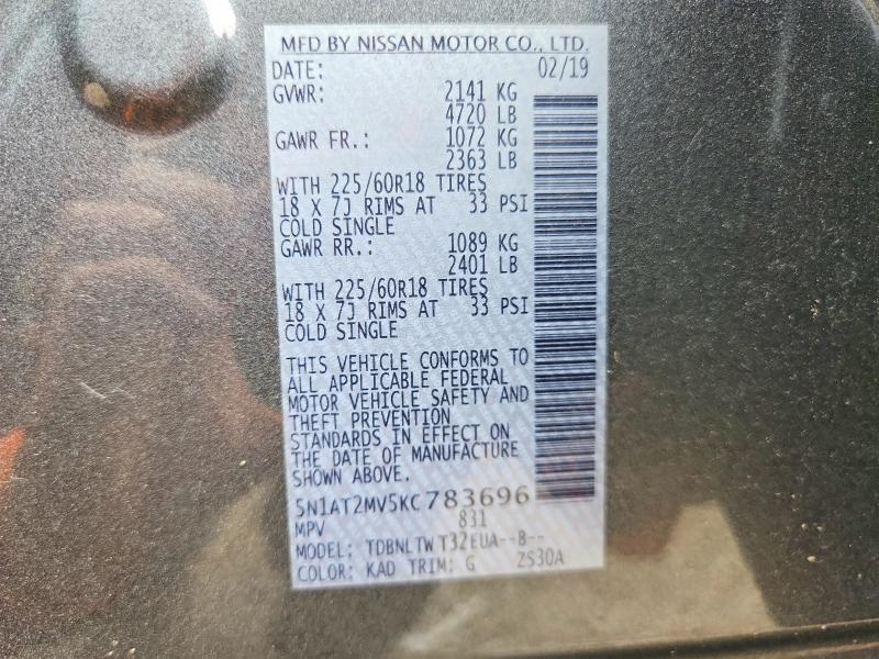 68754296 :رقم المزاد ، 5N1AT2MV5KC783696 vin ، 2019 Nissan Rogue مزاد بيع