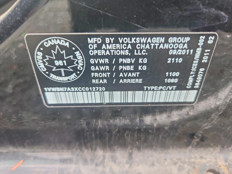 68782526 :رقم المزاد ، 1VWBN7A3XCC012720 vin ، 2012 Volkswagen Passat مزاد بيع