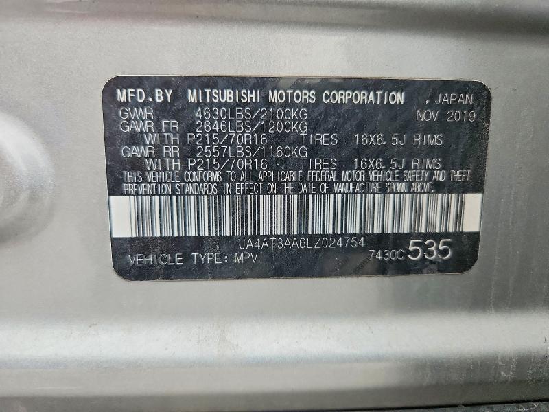 2020 Mitsubishi Eclipse Cross მანქანა იყიდება აუქციონზე, vin: JA4AT3AA6LZ024754, აუქციონის ნომერი: 70142856