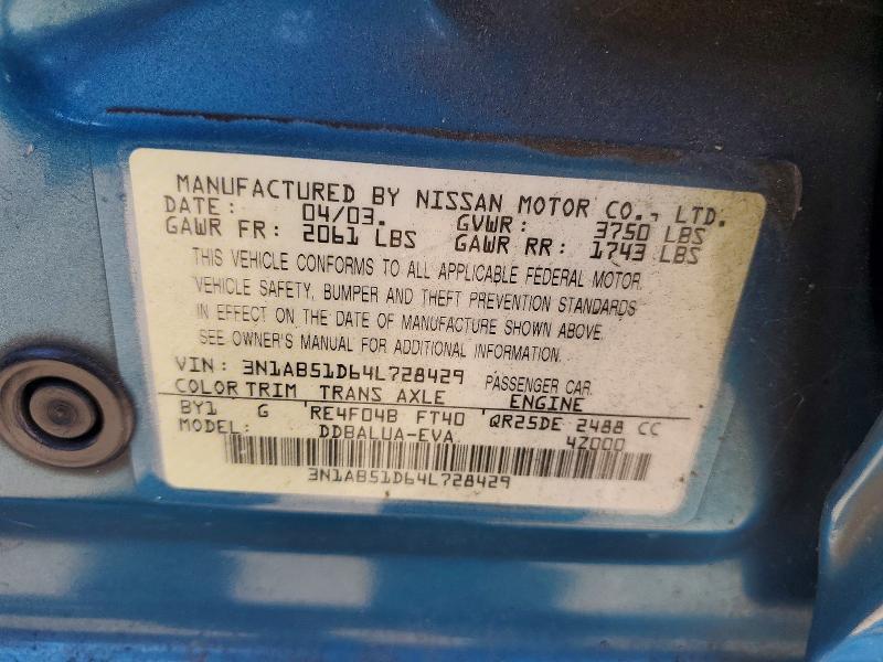 70559716 :رقم المزاد ، 3N1AB51D64L728429 vin ، 2004 Nissan Sentra مزاد بيع