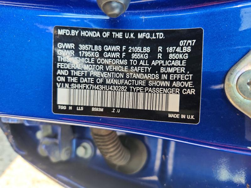 Продажа на аукционе авто 2017 Honda Civic, vin: SHHFK7H43HU430282, номер лота: 69239836