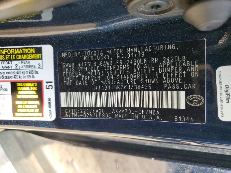 Aukcja sprzedaży 2019 Toyota Camry, vin: 4T1B11HK7KU738435, numer aukcji: 69609546