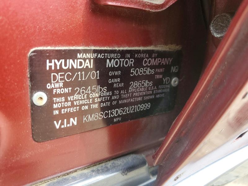 Aukcja sprzedaży 2002 Hyundai Santa Fe, vin: KM8SC13D62U210999, numer aukcji: 70324606